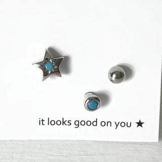 (Set) Blue Point Star Piercing Set Turquoise Gemstone Turquoise Star Basic Barbell Surgical Steel 8mm Earrings Labret Bar