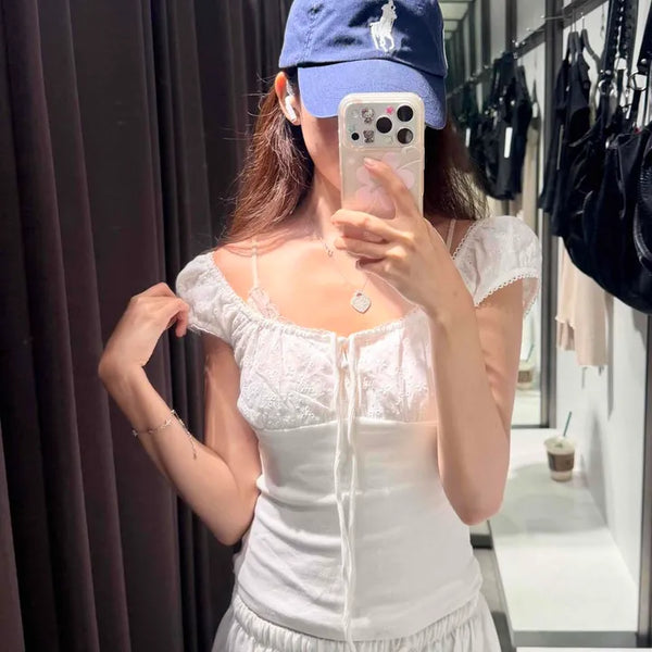 Le Dame Shirred Ribbon Eyelet Strap Cap Sleeve Blouse