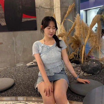 Rivet V-Neck Asymmetrical Frill See-through Short Sleeve T-Shirt