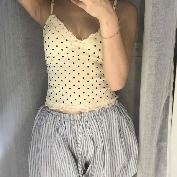 Bonbon Dot Lace Semi-Crop Sleeveless Top