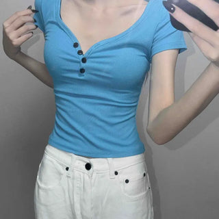Henley Neck Button Slim Fit Plain Short Sleeve T-shirt