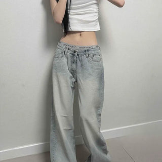 String Wash Button Wide Loose Fit Long Pants