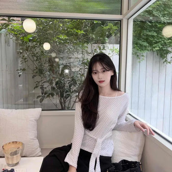 Loose Fit Dot Ribbon Wrap Daily Long Sleeve T-shirt