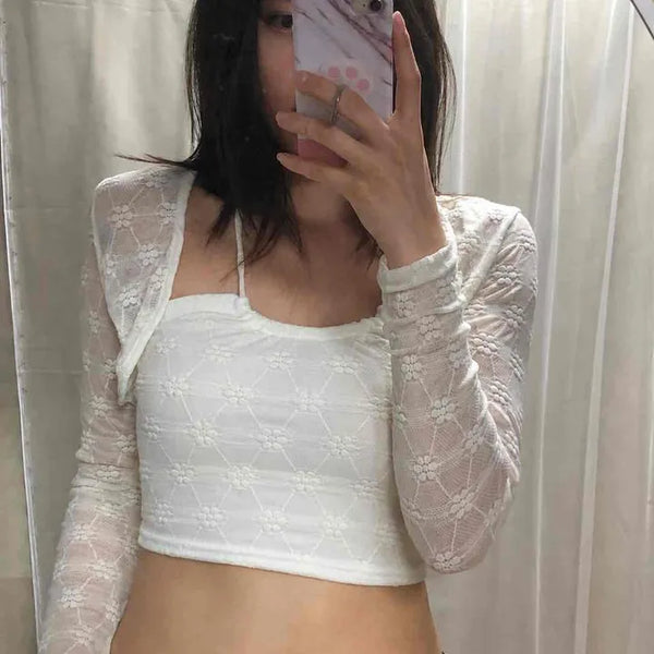 Shirred Ribbon String Flower Wrap Long Sleeve Two-Piece Set