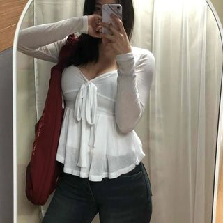 Ribbon Button Layered Flare Long Sleeve Two-Piece