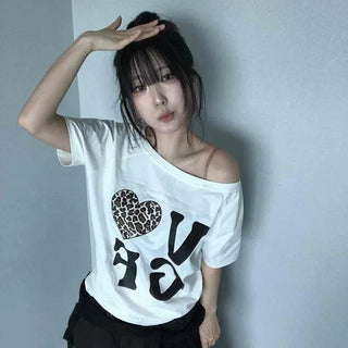 Lettering Graphic Off-Shoulder Loose Fit Short-Sleeve T-Shirt