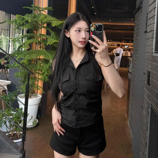 Flap Pocket Backless Regular Fit Striped Short Sleeve Shirt