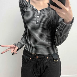Henley Neck Button Slim Fit Striped Long Sleeve T-shirt