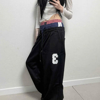 String Shirred Loose Fit Lettering Wide Long Pants