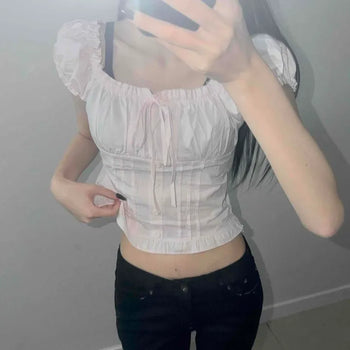 Shirred Frill Fitted Plain Cap Sleeve Blouse