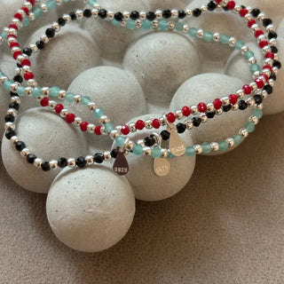 Black Red Aqua Beads Banding Silver Ball Bracelet Urethane Cord