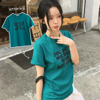 Daily Lettering Round Neck Loose Slim Fit Short Sleeve T-shirt
