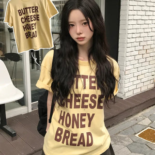 Lettering Round Neck Boxy Loose Oversized Short Sleeve T-shirt