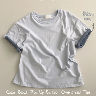 Effortlessly chic, Contrast Roll-up Button Round Neck Boxy Loose Fit Short Sleeve T-shirt
