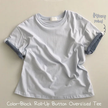 Effortlessly chic, Contrast Roll-up Button Round Neck Boxy Loose Fit Short Sleeve T-shirt