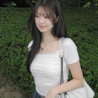 Slim Fit Shirred See-through Layered Short Sleeve T-shirt