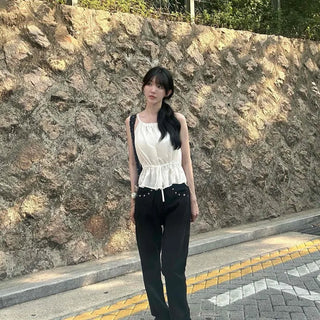 Eyelet button back elastic semi-flare pants