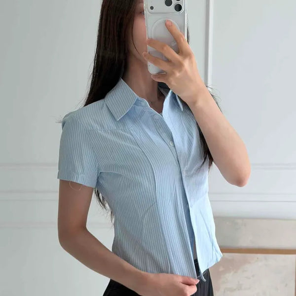 Button Stripe Button-Down Chest Pocket Short Sleeve Shirt