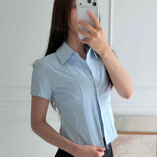 Button Stripe Button-Down Chest Pocket Short Sleeve Shirt