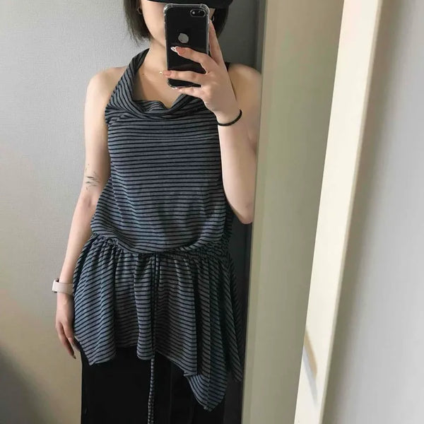 Shirred String Striped Sleeveless Short-Sleeve T-Shirt
