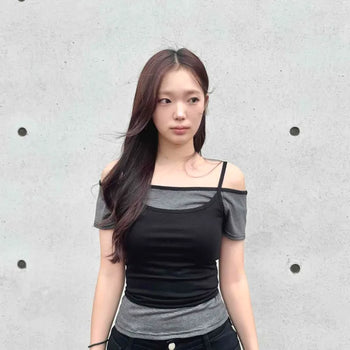Slim Fit Plain Color Block Strap Off-Shoulder Layered Short Sleeve T-Shirt