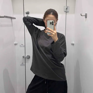 Oversized Loose Fit Plain Color Block Long Sleeve T-shirt