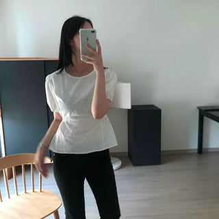 Regular Fit Plain Shirred Wrap Short Sleeve Blouse