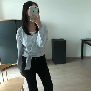Loose Fit Plain Ribbon Button Wrap Long Sleeve Blouse