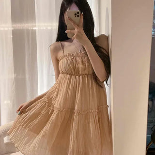Strap Shirred Loose Fit Tiered A-Line Sleeveless Mini Dress