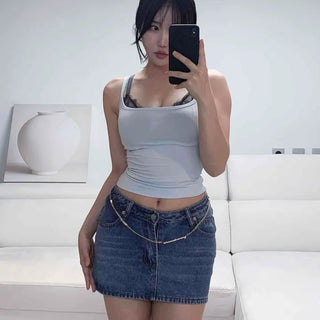 Button Zipper Washed Straight H-Line Mini Skirt
