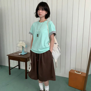 Tone-block roll-up short-sleeve t-shirt