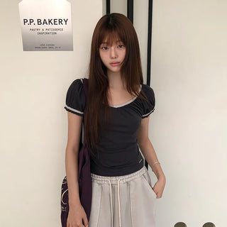 Mori V-neck Shirred Puff Short Sleeve T-shirt