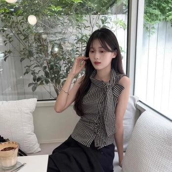 Fitted Gingham Check Ribbon Shirring Wrap Sleeveless Blouse