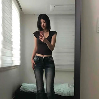 Washed Zipper Flare Low-Rise Daily Long Pants
