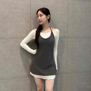 Shirred Strap Layered Slim Fit Sleeveless Mini Dress