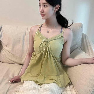 Frill Shirring Ribbon Tiered Loose Fit Sleeveless Blouse