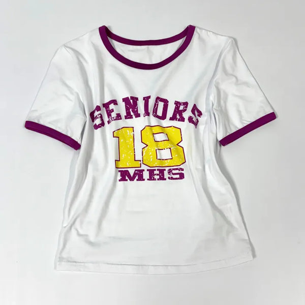 Y2K Lettering Ringer Crop Short Sleeve Tee / Slim Fit Sporty T-shirt Contrast Tee Layered Numbering Print