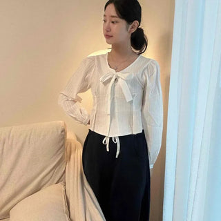 Ribbon Pintuck Shirring Regular Fit Long Sleeve Blouse