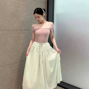 Ribbon Shirred Tiered Flare A-Line Loose Fit Long Skirt
