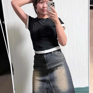 Washed Button Straight A-Line Midi Skirt