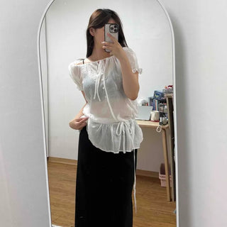 Shirred Frill Ribbon Button Plain Daily Blouse