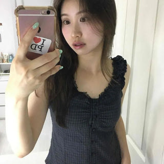 Frill Shirred Check Strap Sleeveless Blouse
