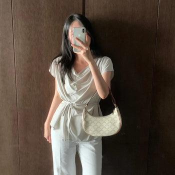Cotton Drape Strap Short Sleeve Cap Sleeve Blouse