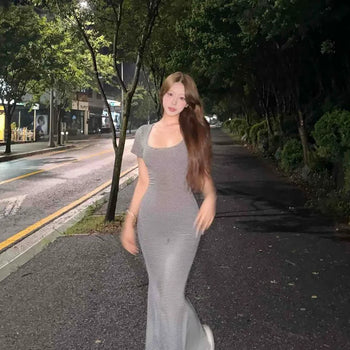 New Bay Deep U-Neck Striped Maxi Long Dress