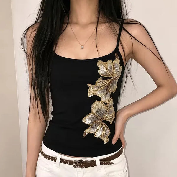 Gold Flower Sequin Slim Sleeveless / Glam Flower Point Strappy Sleeveless Summer Festival Look Sleeveless Black Sleeveless Layered Vintage Look