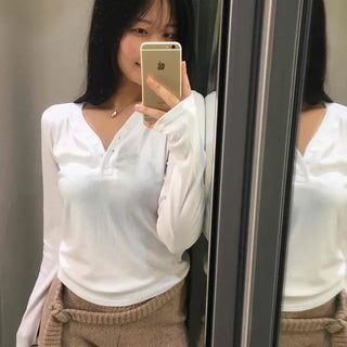 Button Plain Regular Fit Daily Long Sleeve T-shirt