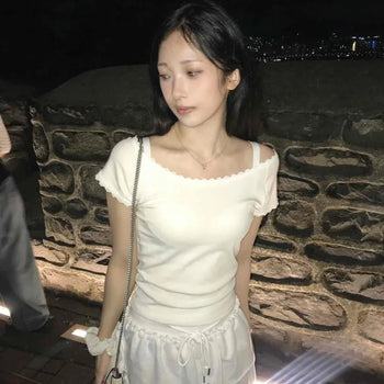 Slim Fit Plain Frill French Sleeve Daily Short Sleeve T-shirt