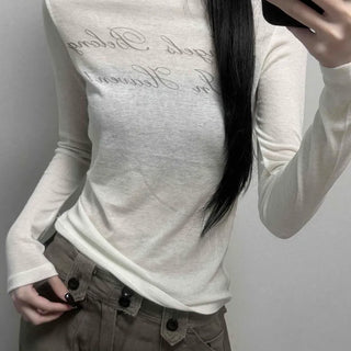 Flowy Tencel Tee˚☁︎︎⋆｡, Heaven See-through Lettering Boat Neck Long Sleeve T-shirt