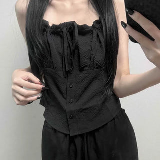 Frill Ribbon Seersucker Sleeveless Top