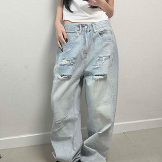 All Damaged Wide Light Blue Denim Pants